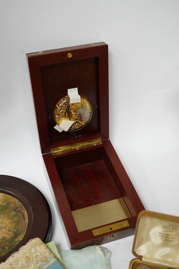 A group of assorted collectables including a watercolour, coins, wrist watch movement, military silks, etc., box 16cm wide. Condition - variable